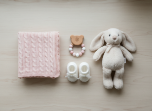 Delikatna kompozycja prezentów dla noworodka dziewczynki: różowy kocyk, pluszowy królik, buciki, gryzak.