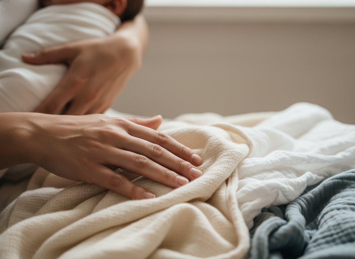 Delikatne dłonie rodzica badające miękkość i teksturę rożka niemowlęcego, z dzieckiem w tle.