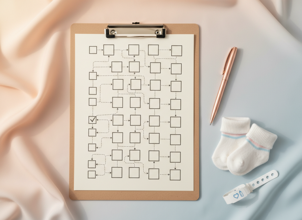 Dokumenty i akcesoria niemowlęce symbolizujące przygotowany plan porodu cesarskie cięcie