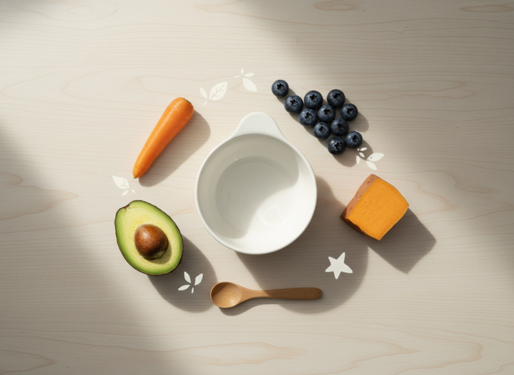 Elegancka kompozycja świeżych warzyw i owoców, pustej miseczki oraz łyżeczki, symbolizująca przepisy dla niemowląt.