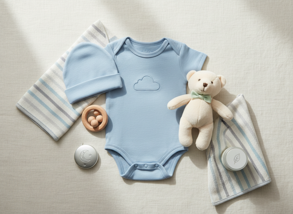 Elegancki zestaw delikatnych akcesoriów i ubranek, idealny prezent dla noworodka chłopca, ułożony na jasnym tle.