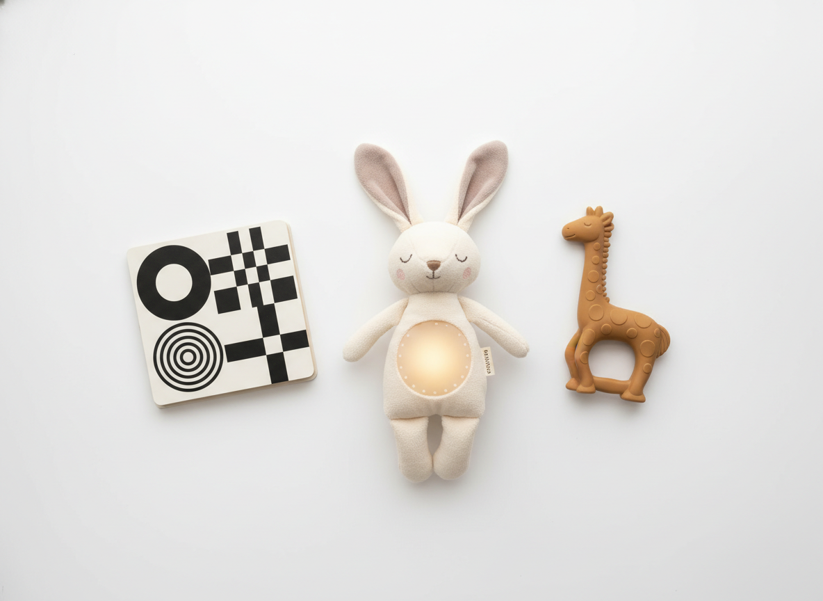 Idealny prezent dla noworodka dziewczynki: miękki króliczek, gryzak Żyrafa Sophie i kontrastowa książeczka wspierające rozwój.