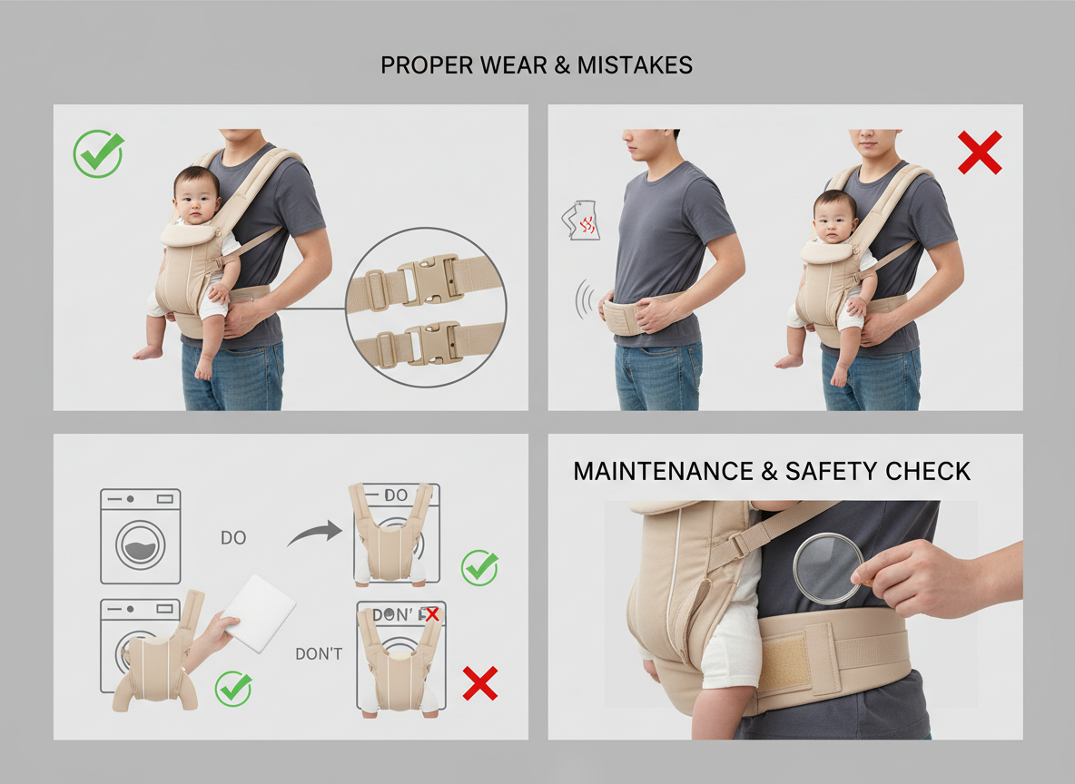 Ilustracja przedstawiająca prawidłowe zakładanie i pielęgnację nosidełka biodrowego.