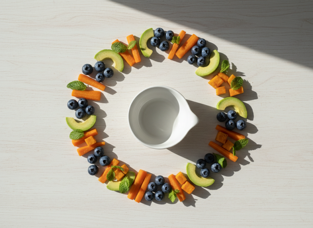 Kolorowe owoce i warzywa obok miseczki, symbolizujące zdrowe rozszerzanie diety niemowlaka.