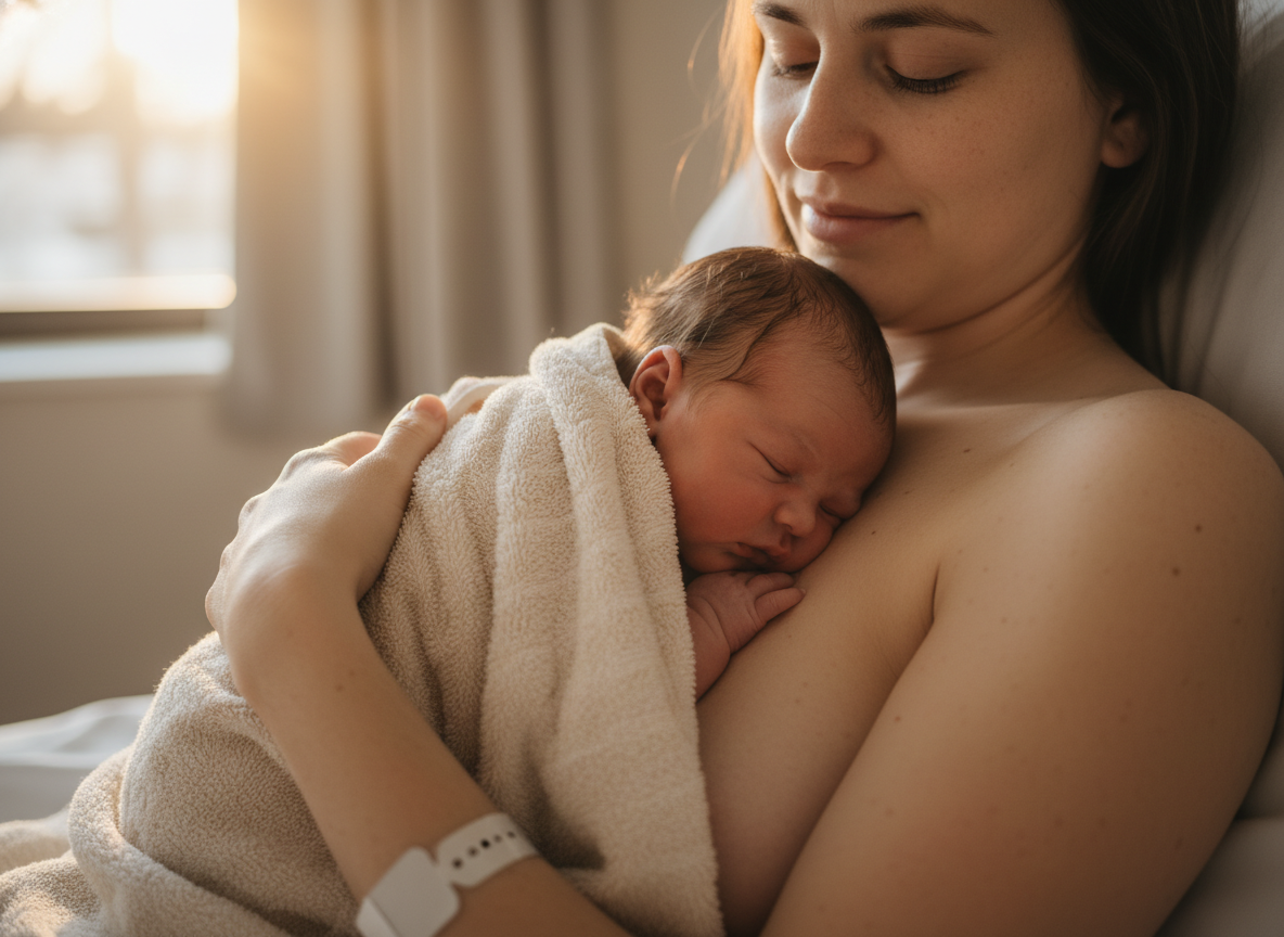 Kontakt skóra do skóry w złotej godzinie po tym jak zakończył się poród dzieci