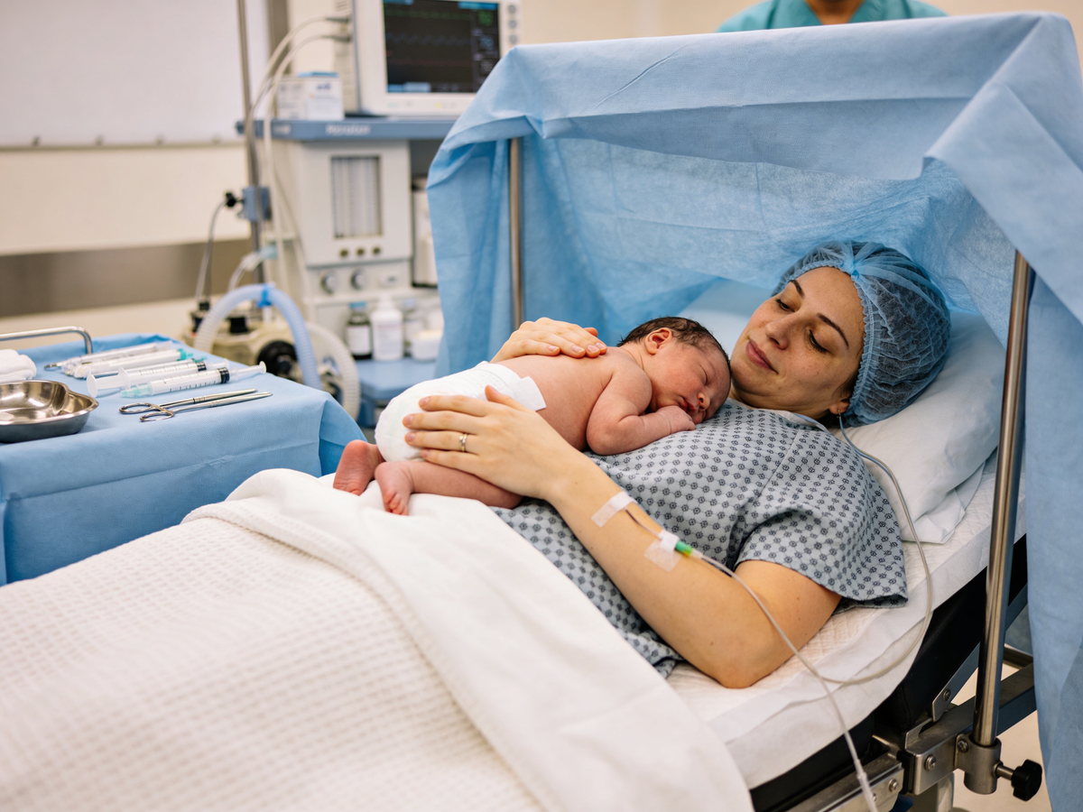 Łagodne cesarskie cięcie i kontakt skóra do skóry na sali operacyjnej