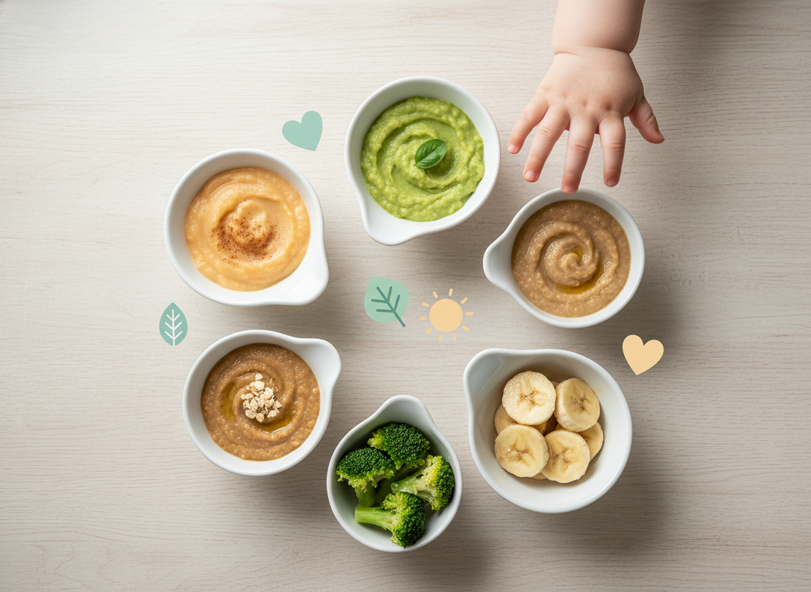 Mała dłoń niemowlaka sięgająca po różnorodne, zdrowe pierwsze pokarmy, symbolizujące rozszerzanie diety niemowlaka.