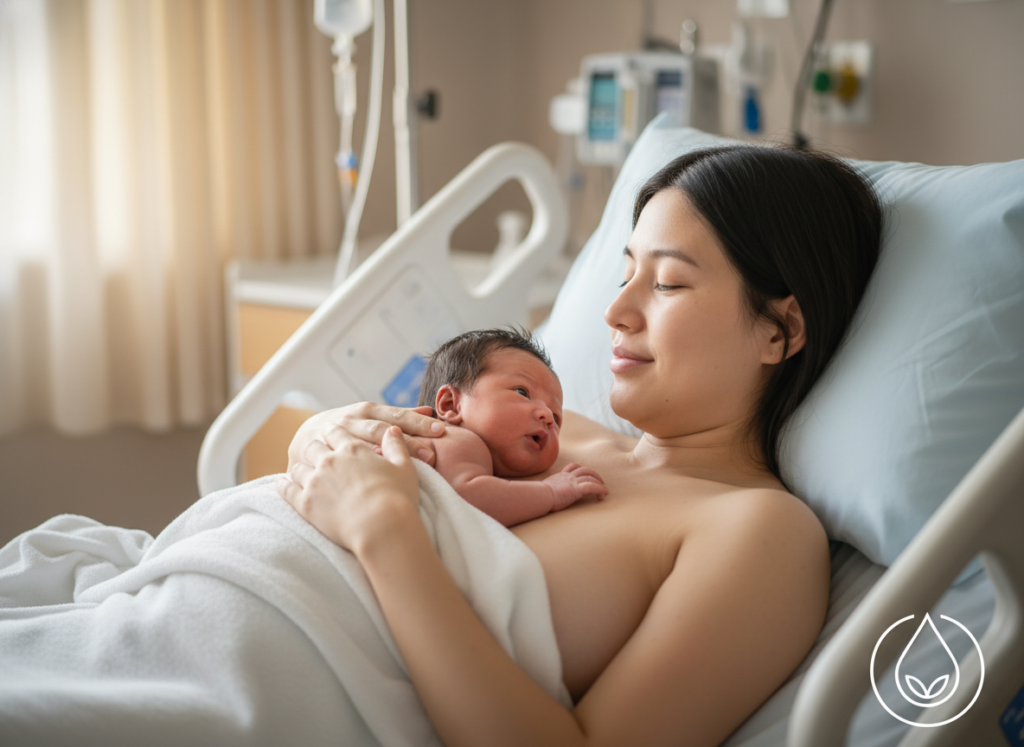 Mama kangurowująca noworodka w szpitalu budująca więź i laktację po cesarce