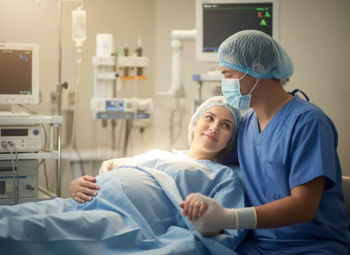 Partner wspierający kobietę na sali operacyjnej realizując plan porodu cesarskie cięcie