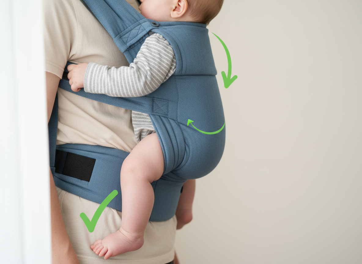 Prawidłowa pozycja żabki i zaokrąglone plecy w nosidełku dla dziecka
