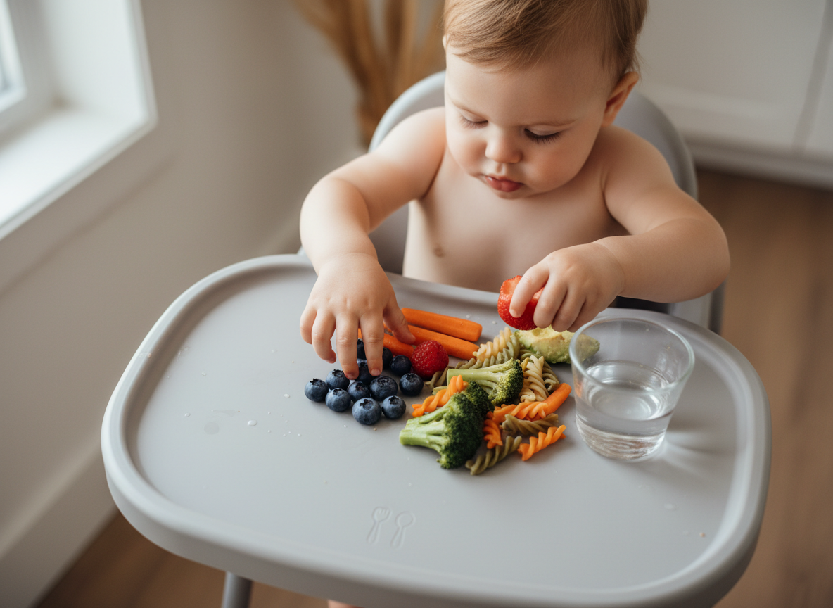 Rączki dziecka odkrywające nowe jedzenie na tacy, obok otwarty kubek. Wspieranie samodzielności w diecie rocznego dziecka.