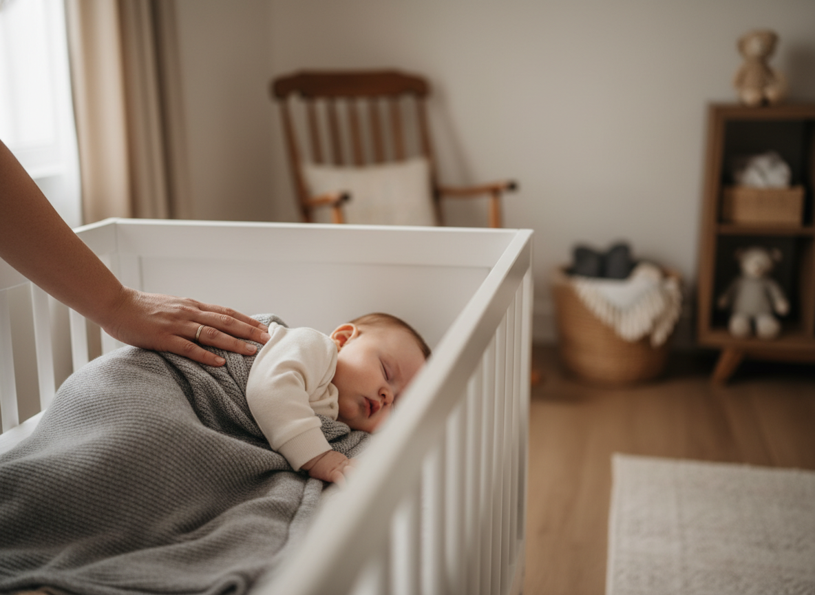 Rodzic delikatnie sprawdza śpiące niemowlę w miękkim śpiworku i śpiochach dla niemowlaka.