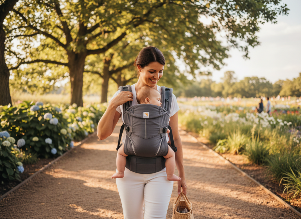 Rodzic na spacerze używający ergonomiczne nosidełko dla dziecka