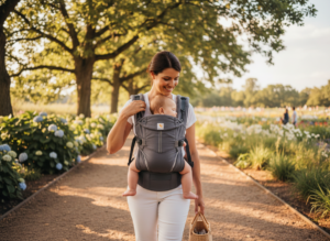 Rodzic na spacerze używający ergonomiczne nosidełko dla dziecka