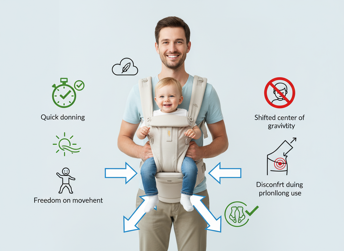 Rodzic z dzieckiem w nosidełku biodrowym, pokazujący ergonomię i kluczowe aspekty użytkowania.