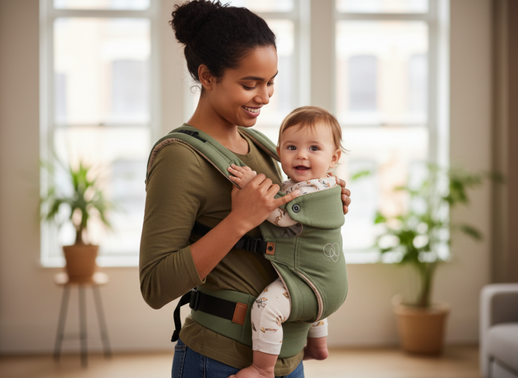 Rodzic z uśmiechniętym dzieckiem w nosidełku biodrowym.