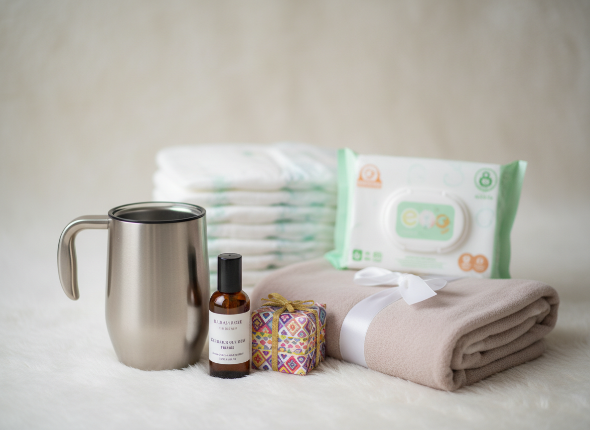 Różnorodne prezenty dla noworodka, rodziców i starszego rodzeństwa.