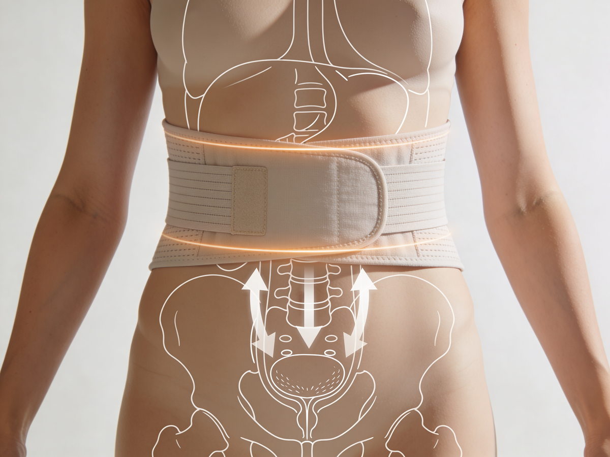 Schemat obrazujący wpływ ucisku przez pas poporodowy po cesarce na dno miednicy