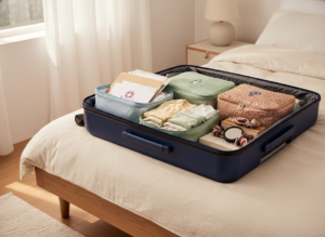 Spakowana wyprawka do szpitala w walizce leżącej na łóżku