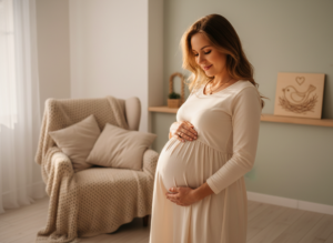 Spokojna kobieta w ciąży przygotowująca się psychicznie na poród dzieci