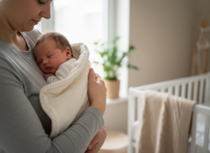 Spokojna mama delikatnie kołysząca noworodka bezpiecznie owiniętego w miękki rożek niemowlęcy.