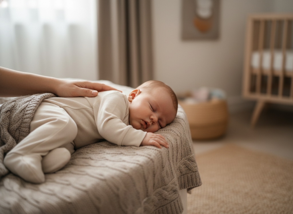 Spokojne niemowlę śpiące w miękkich śpiochach dla niemowlaka, z delikatną dłonią rodzica obok.