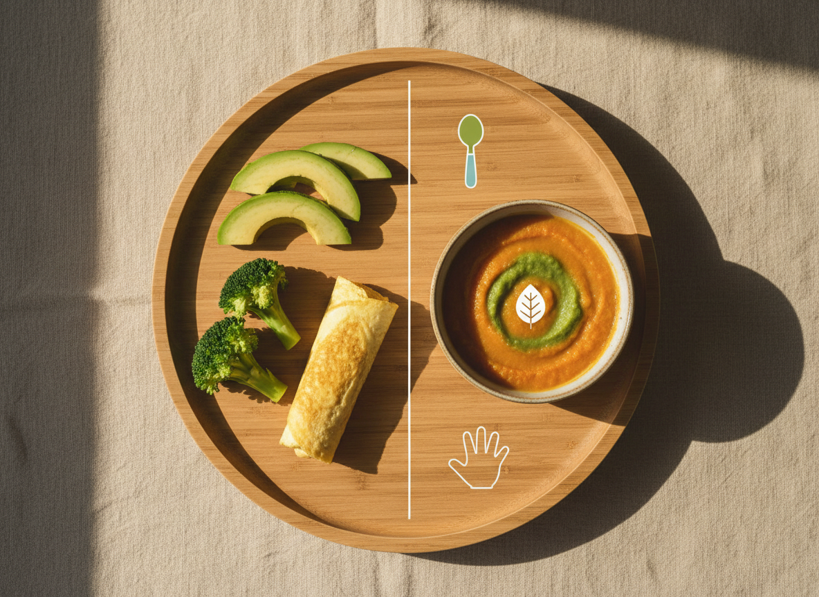 Stolik niemowlęcy z bezpiecznymi kawałkami BLW i pożywnym puree, ilustrujący przepisy dla niemowląt.