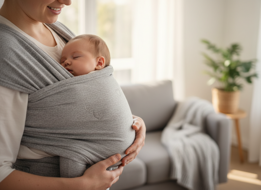 Szczęśliwy rodzic i dziecko w bezpiecznym produkcie typu nosidełko ergonomiczne