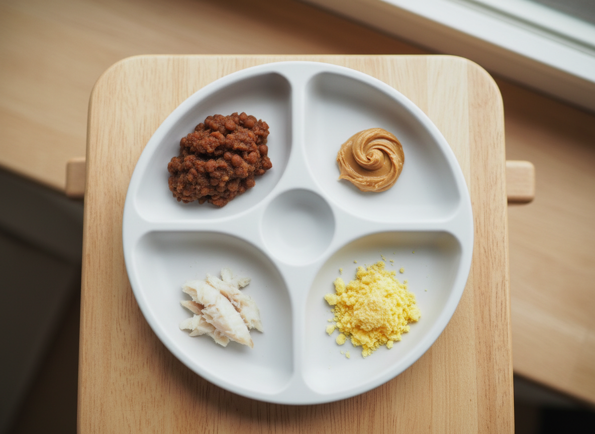 Talerz dziecka z bezpiecznymi porcjami żelaza i alergenów, wspierający rozszerzanie diety przepisy.