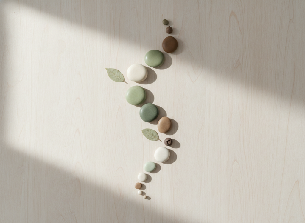 Uporządkowane elementy symbolizujące schemat rozszerzania diety, ułożone na jasnym tle.