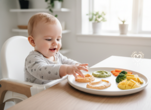 Uśmiechnięte dziecko w krzesełku odkrywające zdrowe, kolorowe posiłki, idealne na rozszerzanie diety przepisy.