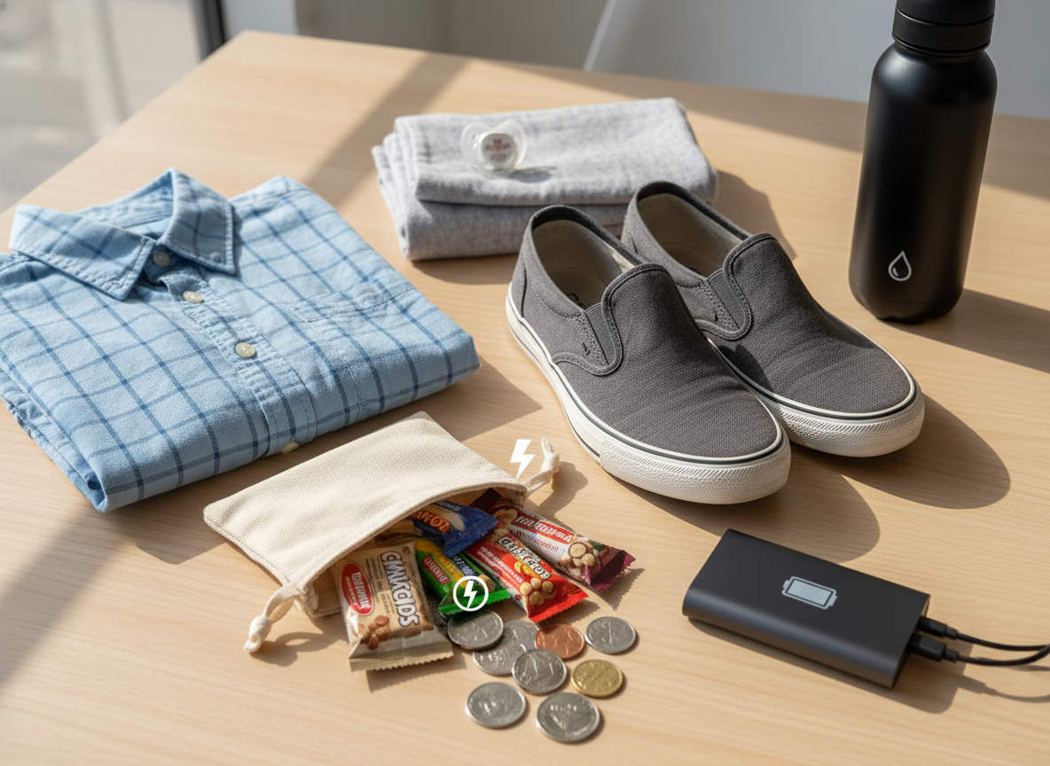 Wyprawka do szpitala dla taty z butami na zmianę i przekąskami