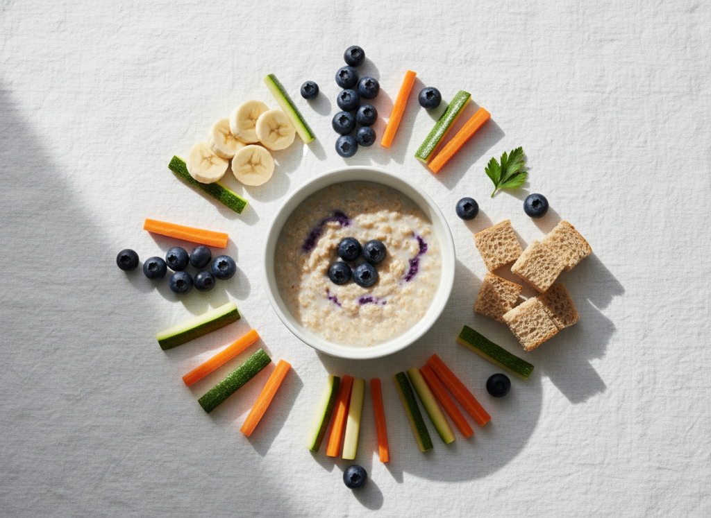 Zdjęcie typu flat lay przedstawiające różnorodne, zdrowe produkty spożywcze idealne dla diety rocznego dziecka.