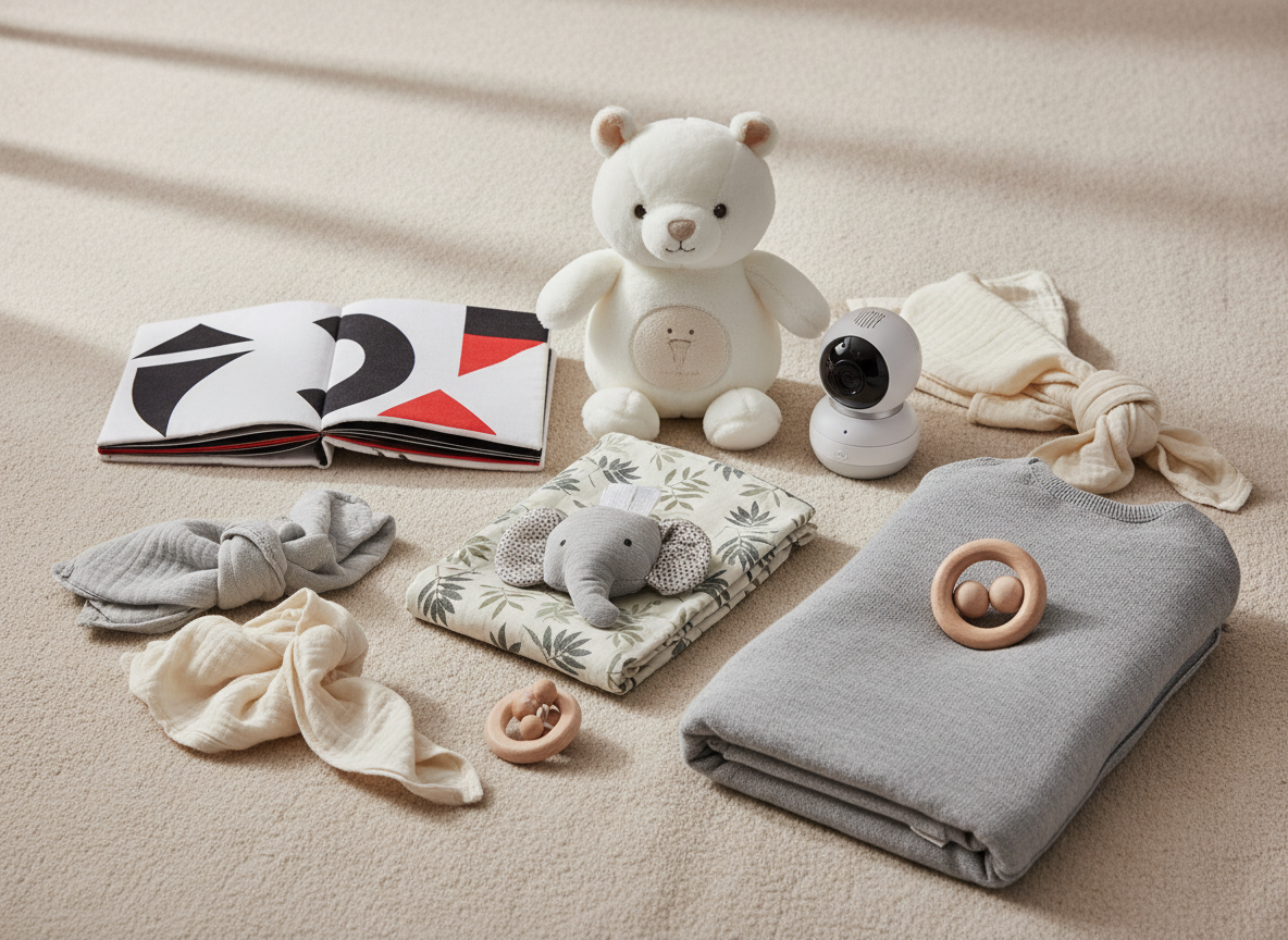 Zestaw praktycznych prezentów dla noworodka: zabawki sensoryczne, tekstylia i gadżety.