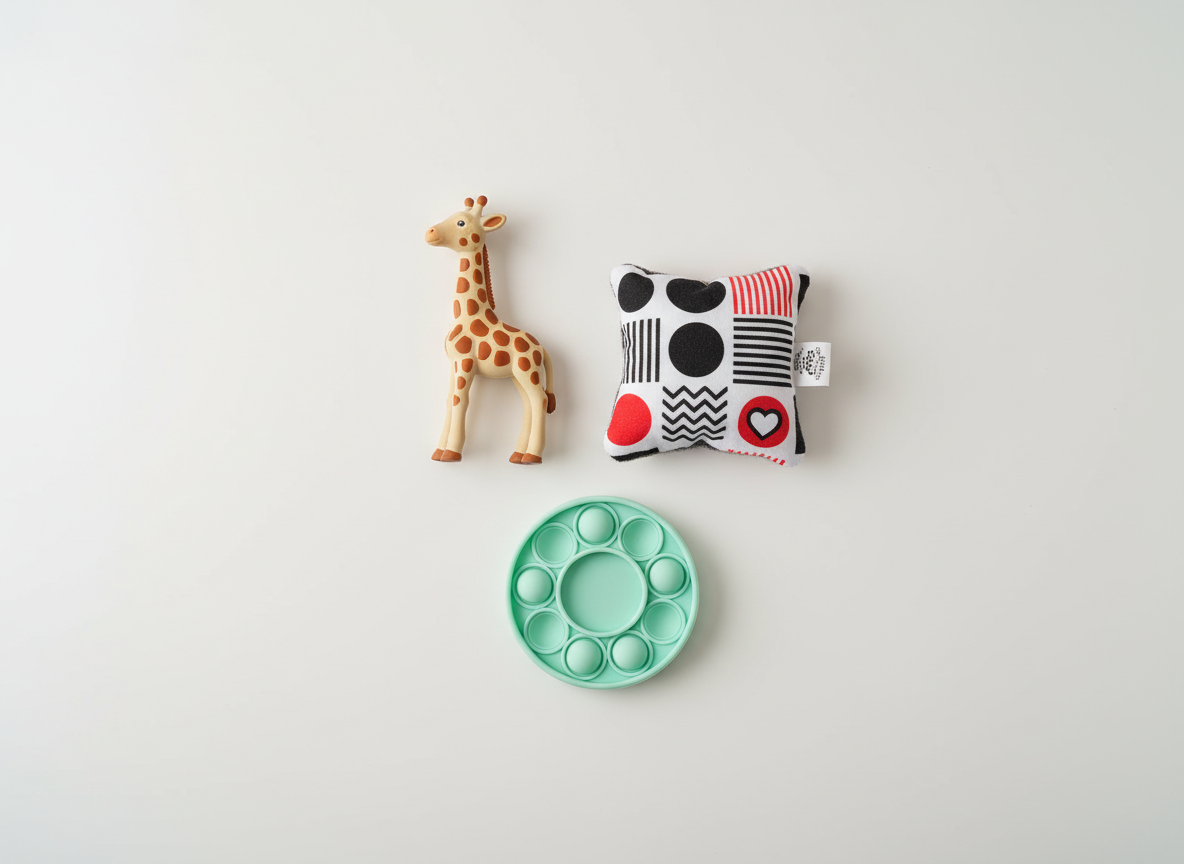 Zestaw zabawek sensorycznych i kontrastowych, w tym Żyrafa Sophie, idealny prezent dla noworodka chłopca wspierający rozwój.