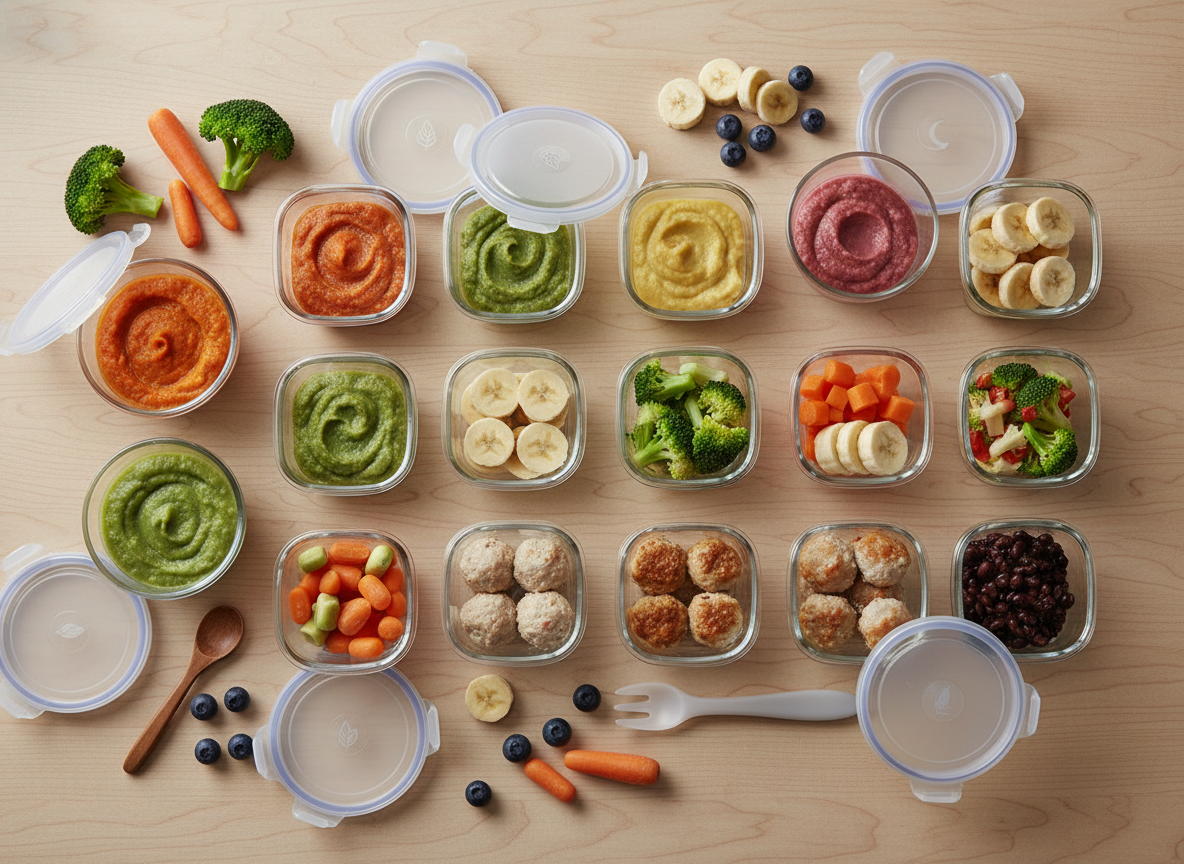 Zorganizowane, domowe przepisy dla niemowląt w pojemnikach do mrożenia, ułatwiające gotowanie i przechowywanie.