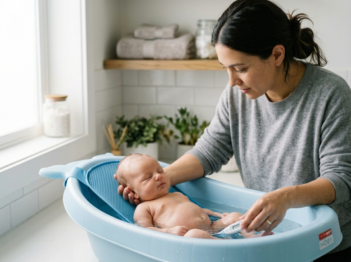 Czuły moment kąpieli: rodzic delikatnie trzyma dziecko w wanience dla niemowląt, sprawdzając wodę.