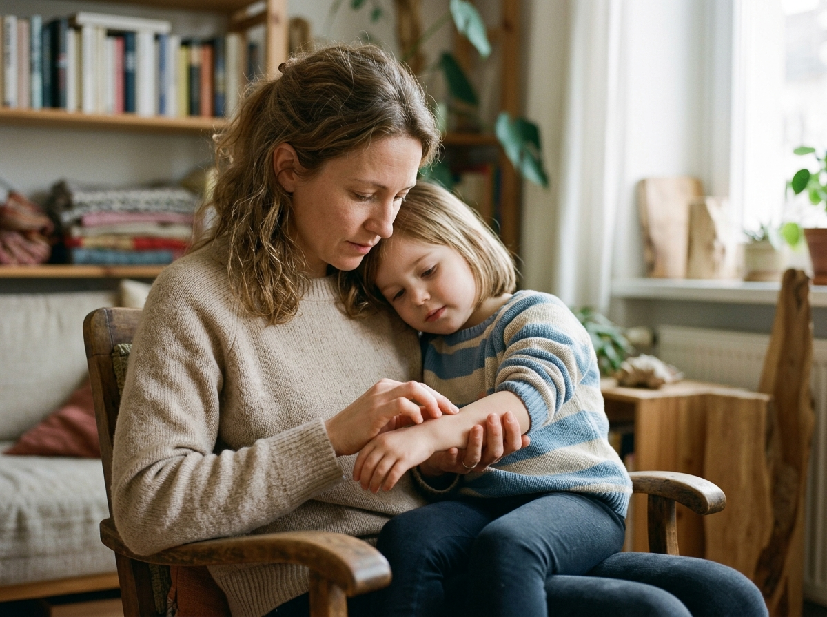 Czuły rodzic delikatnie bada ramię dziecka, dbając o zdrowie i profilaktykę ospy wietrznej u dzieci.