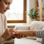 Delikatne dłonie dorosłego badające skórę ramienia dziecka, ilustrujące jak wygląda ospa zdjęcia.
