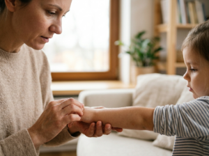 Delikatne dłonie dorosłego badające skórę ramienia dziecka, ilustrujące jak wygląda ospa zdjęcia.