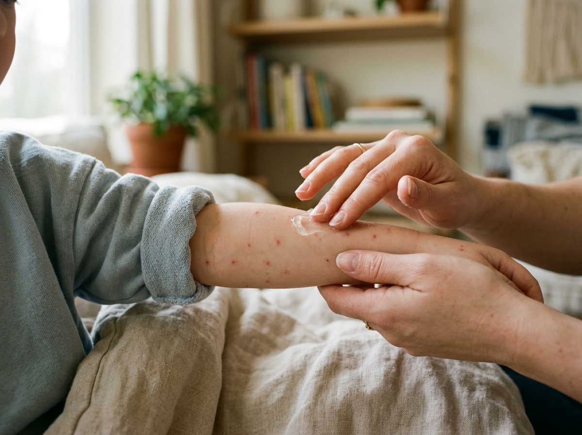Delikatne dłonie rodzica nakładające kojący hydrożel na ramię dziecka z ospą wietrzną.