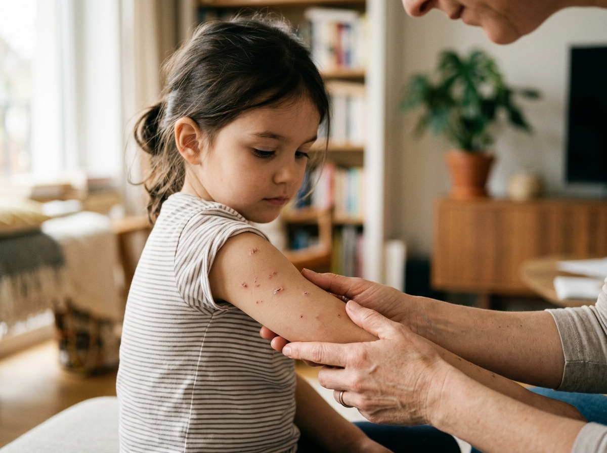 Delikatne dłonie rodzica obserwujące postęp gojenia się wysypki ospa na ramieniu dziecka w domu.