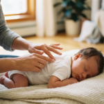 Delikatne dłonie rodzica troskliwie nakładają kojący krem na skórę niemowlaka z ospą.