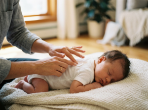 Delikatne dłonie rodzica troskliwie nakładają kojący krem na skórę niemowlaka z ospą.
