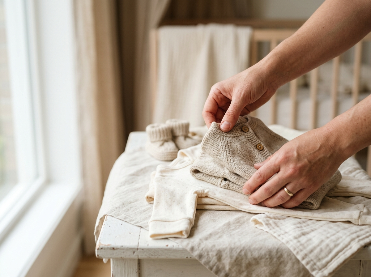 Delikatne dłonie rodzica układające miękkie, dzianinowe ubranka dla niemowląt w neutralnych kolorach.