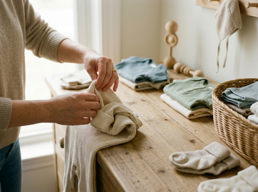 Delikatne dłonie składające miękkie ubranka niemowlęce w ciepłym, naturalnym świetle.