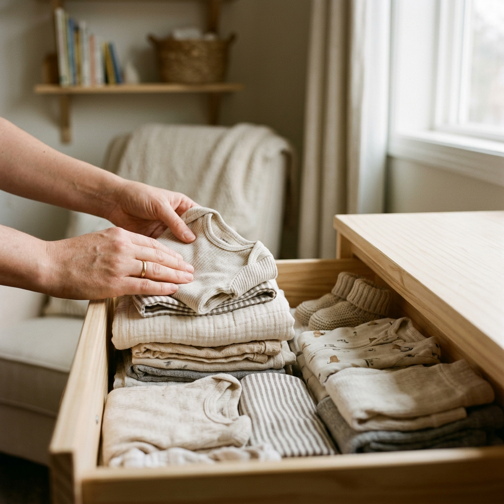 Dłonie rodzica składające stos miękkich, organicznych ubranek dla niemowląt, podkreślając jakość z dobrego sklepu dla dzieci.