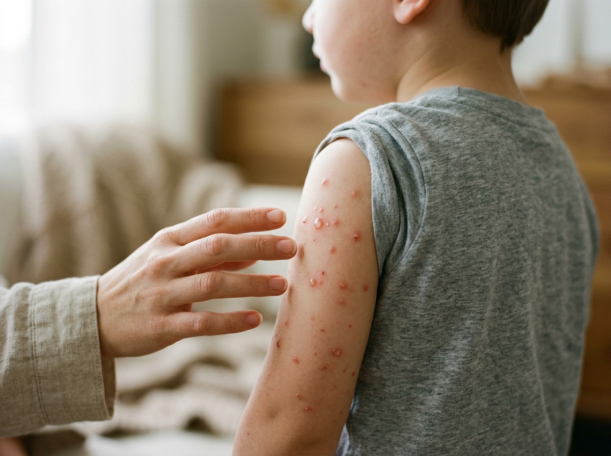 Dorosła dłoń delikatnie bada skórę dziecka z ospą, prezentując jak wygląda ospa zdjęcia w różnych fazach.