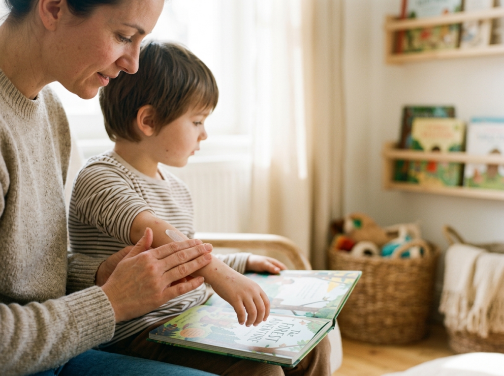 Dorosły delikatnie nakładający krem na ramię dziecka z łagodną wysypką ospy wietrznej w domowym zaciszu.