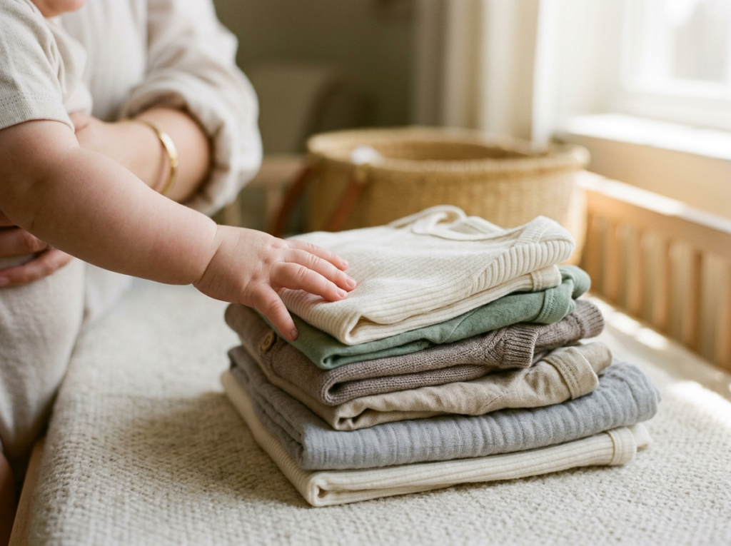 Dziecięca rączka delikatnie dotykająca stosu miękkich ubranek niemowlęcych w ciepłych barwach, leżących na kocu.